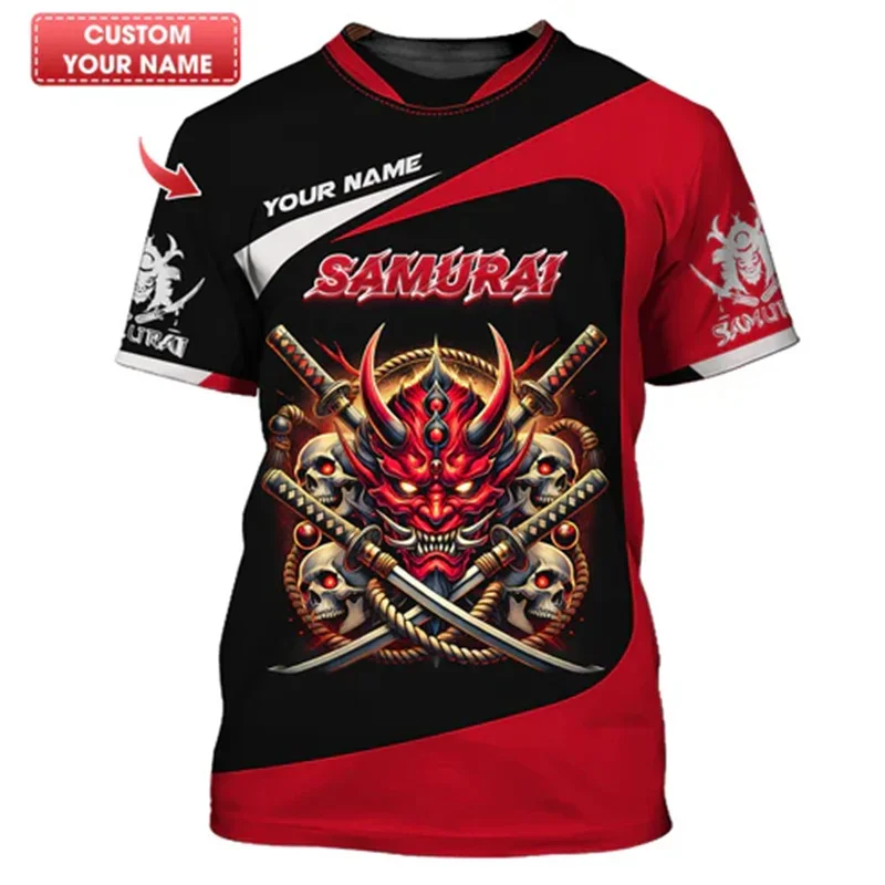 Japanese Samurai Armor Mask Print T-shirt For Men Harajuku Street Custom Name T Shirts Samurai Fans Best Gift Summer New Tee Top