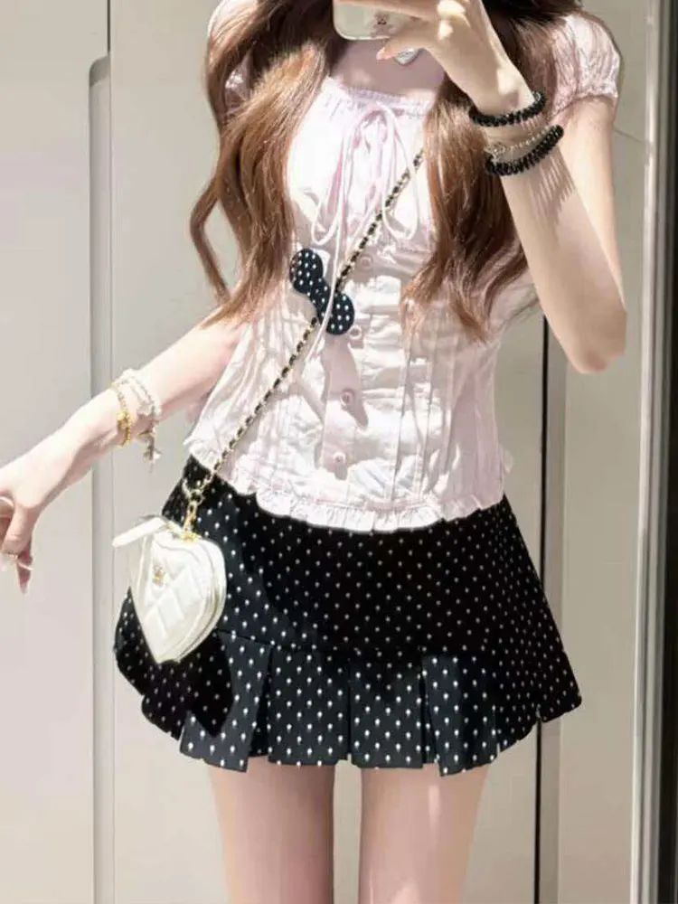 Black Polka Dot Skirt Women's Summer Thin High Waist A-Line Ultra Short Skirt Anti-Light Folding Design Casual Style