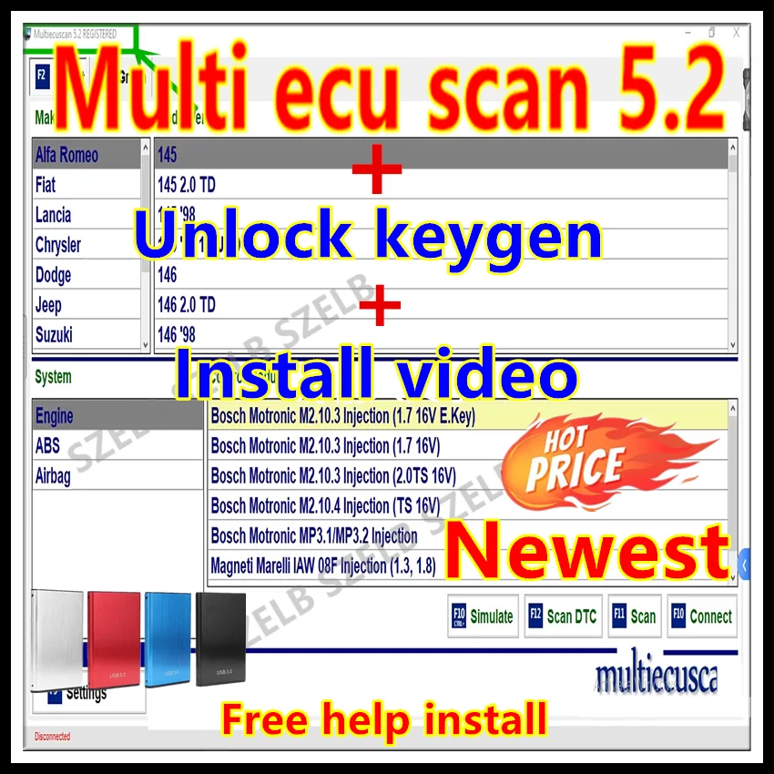 Newest Multiecuscan V5.2 for FiatChryslerDodgeJeepSuzuki Scanner Software Can Work for ELM327 Flat Adapter+ Unlimited Install