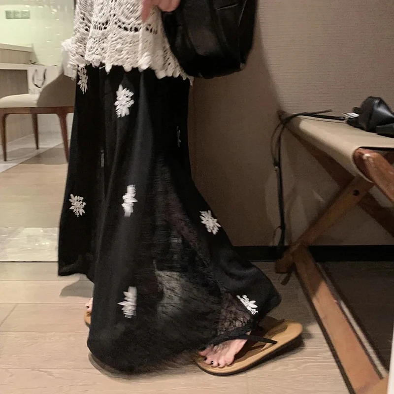 Linnen Geborduurde Rok Vrouwen Kant Patchwork Hoge Taille Een Lijn Chique Rok Harajuku Y2K Strand Vakantie Lange Rok