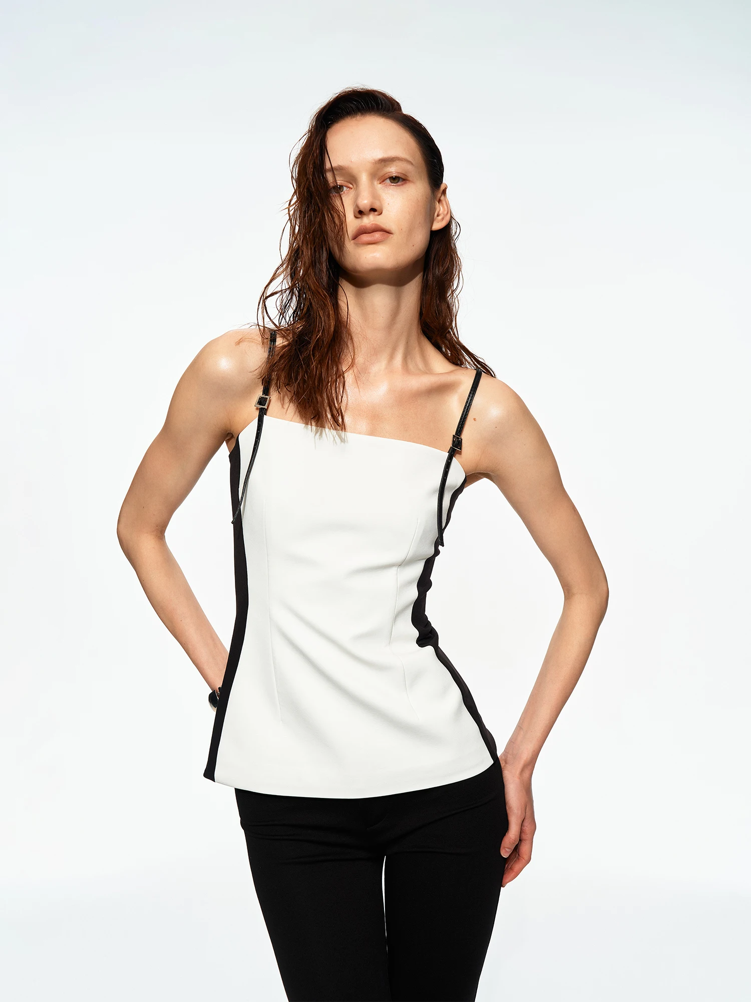 PRRP Classic Black White Color Block Waist Cinched Strapless Top Elastic Slim Belt Design Sensation Bridesmaid Women's Vest