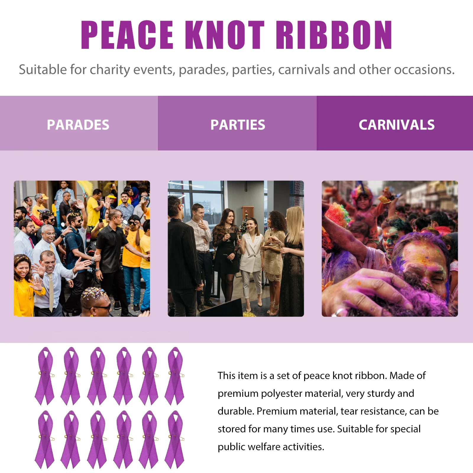 100 Pcs Purple Ribbon Brooch Heart Shaped Breastpin Badge Durable Special Activities Charity Events Parties Carnivals Polyester