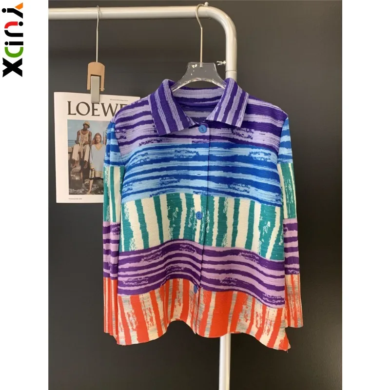 

YUDX Miyake Single-breasted Pleated Women's Jacket Short Fashion Gradient Color Striped High-end Fashion Top 2024 Summer New