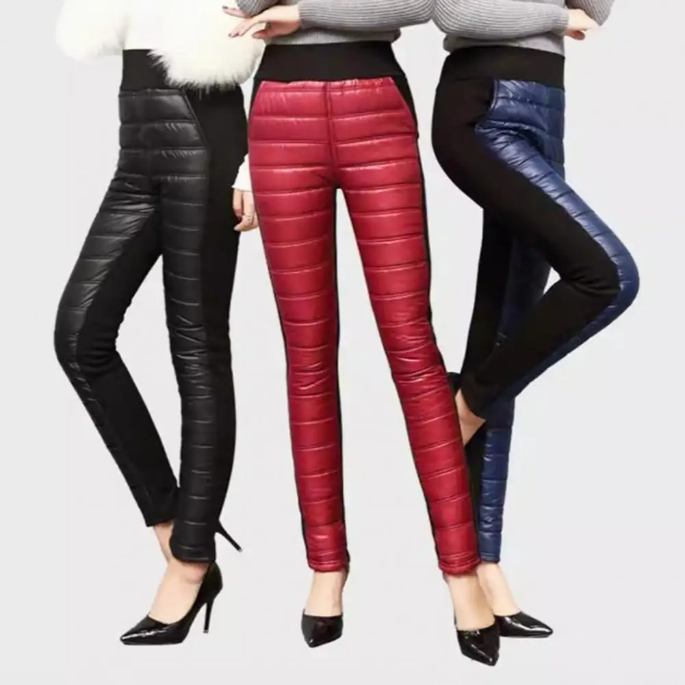 Women Cotton Pants Elastic High Waist Straight Leg Long Trousers with Pockets Patchwork Color Thickened Quilted Pants