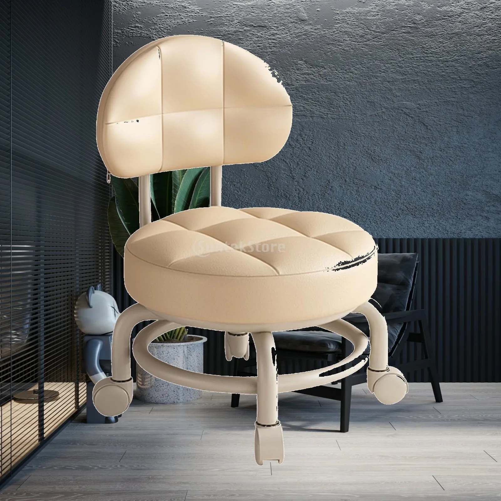 Rolling Stool Roller Seat Short Stool Cleaning PU Leather Sofa Foot Rest Pulley Stool for Library Garage Barber Shop Home