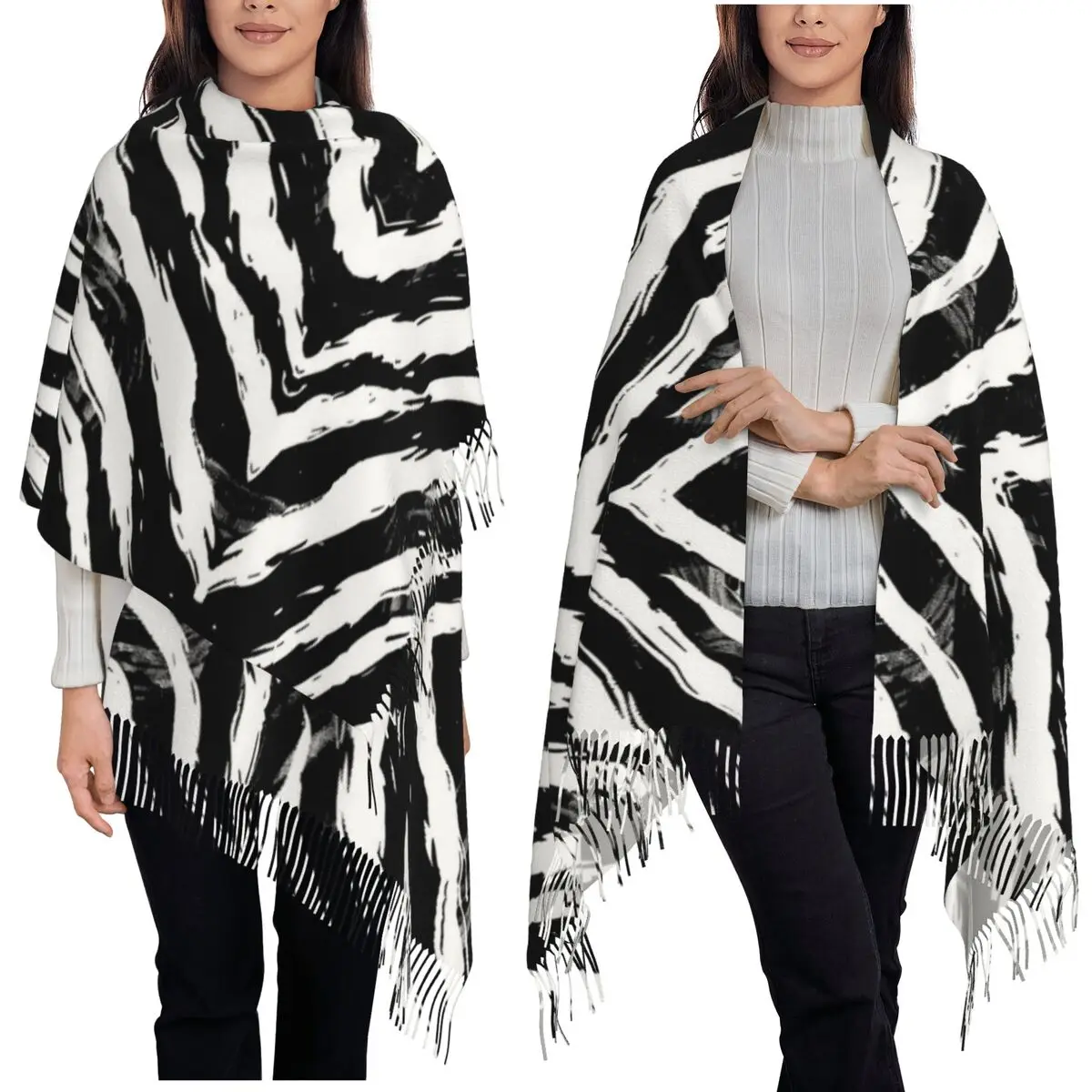 

Шарф с узором в полоску зебры, шарфы с кисточками для женщин, мягкие теплые шали и накидки, длинная осенне-зимняя шаль