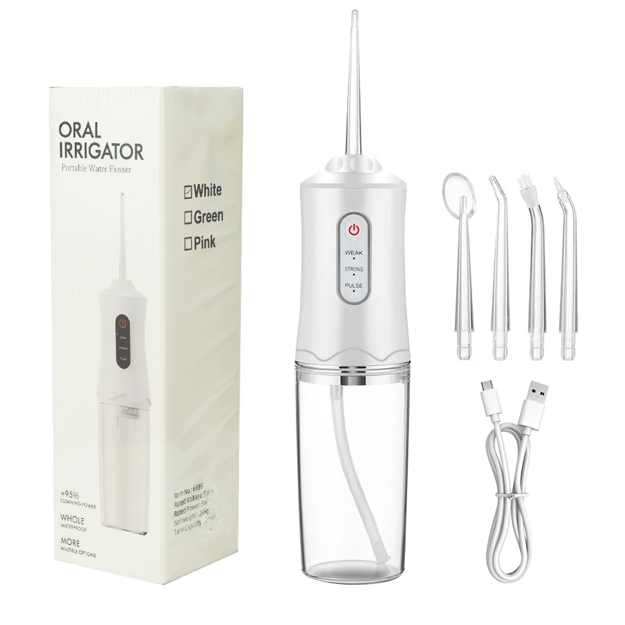 Oral Irrigator Portable Dental Water Flosser USB Rechargeable Water Jet Floss Tooth Pick 4 Jet Tip 220ml 3 Modes IPX7 1400rpm