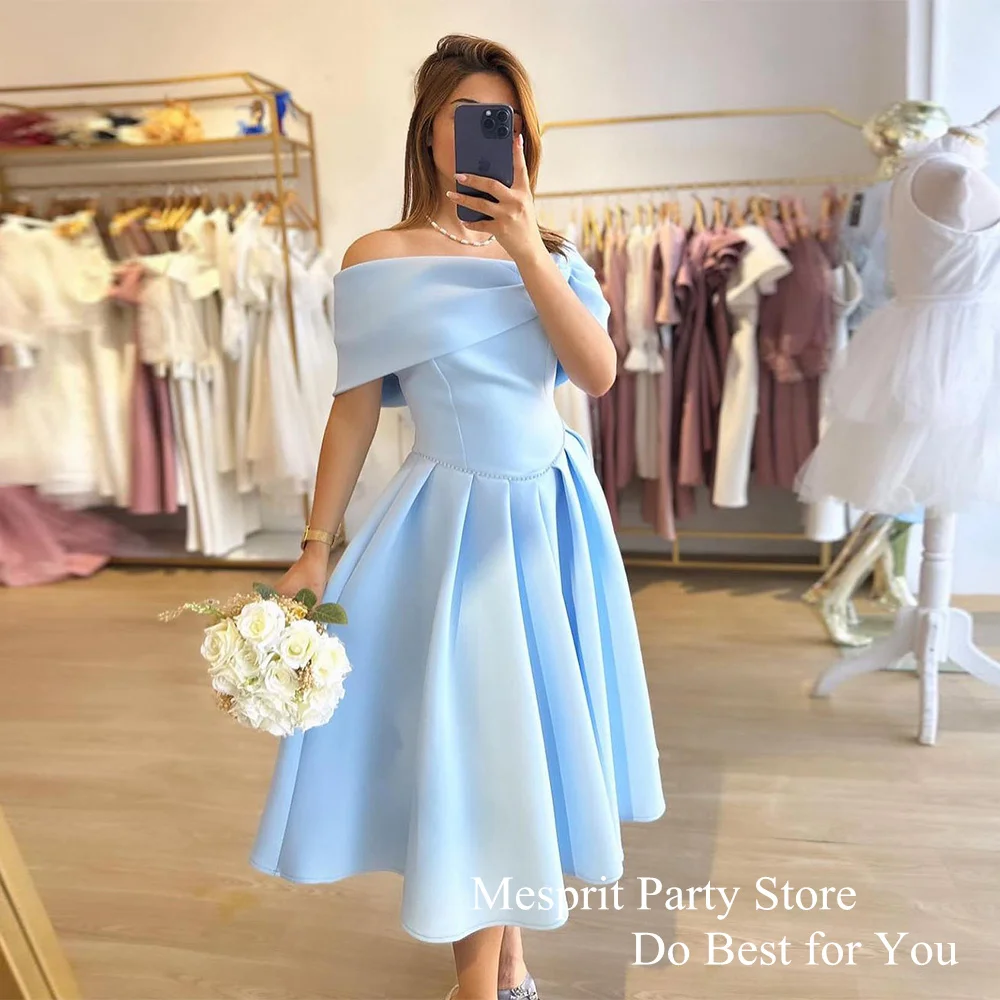 Sky Blue Satin Cocktail Gown Off The Shoulder Boat Neck Beading A Line Pocket Evening Party Dresses for Wedding Short Prom Dress