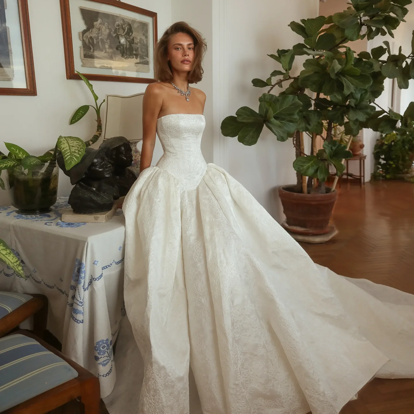 Sharon Said Luxury Jacquard Strapless Ball Gown Wedding Dress with Puffy Skirt vestidos de novia Women Bride Dress SW182 Custom