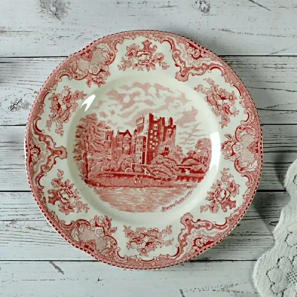 Ceramic Vintage European Style Under Glaze Colored Red Castle Series Steak  Flat  Soup Bread Plate