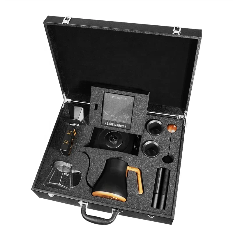 Professional Coffee Brewing Set with Leather Case Octagonal Ceramic Dripper Electric Kettle Scale Complete Kit for Barista