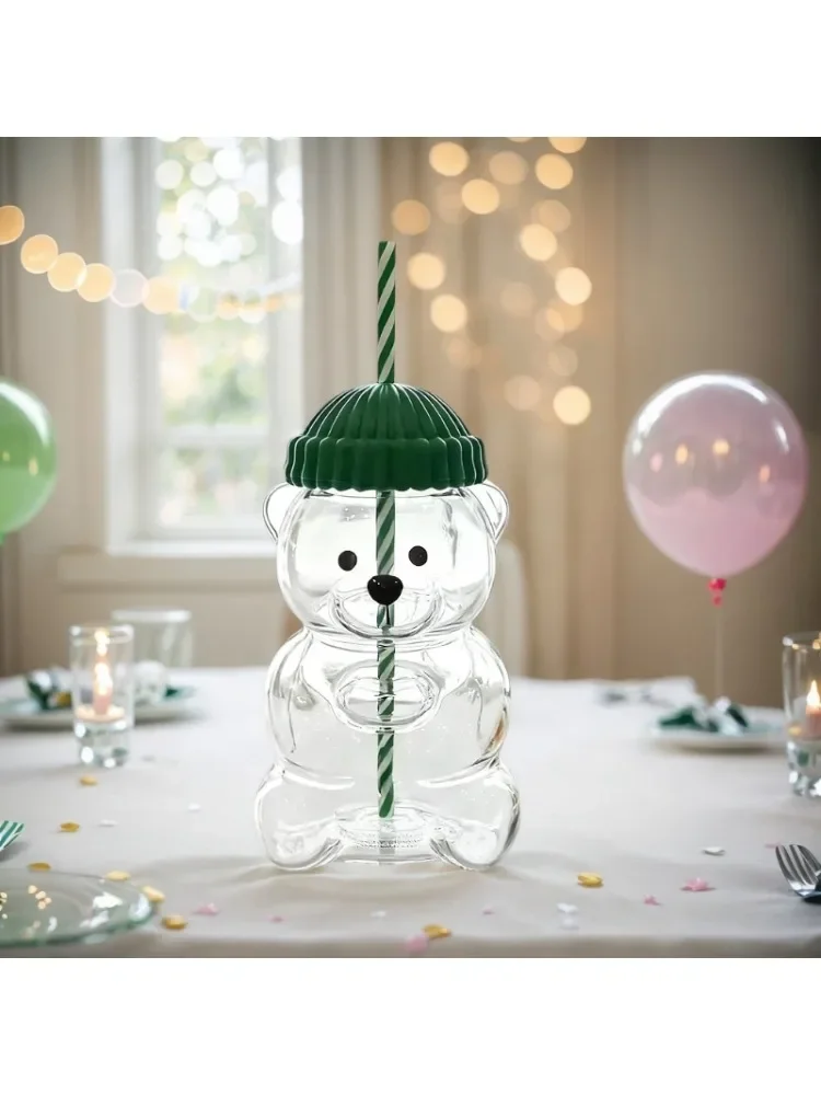 كوب زجاجي جديد جميل على شكل دب لعام 2026 - كوب من القش بسعة كبيرة 20 أونصة لنبيذ القهوة والشاي ومستلزمات مثالية للحفلات وأعياد الميلاد #2