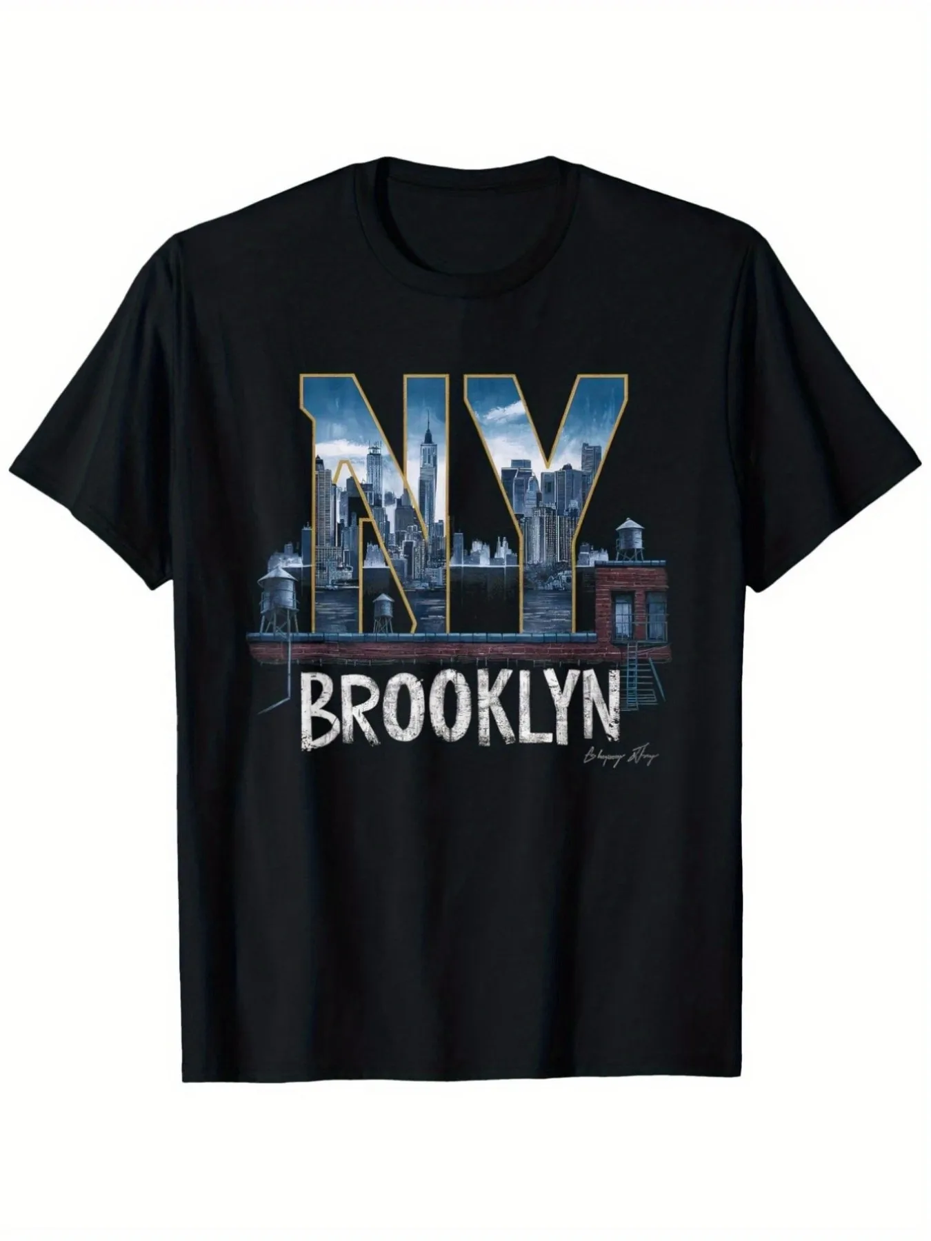 New York Retro Urban Style NYC Pattern Men'S And Women'S T-Shirt - Brooklyn Bridge And Skyline Design Short-Sleeved Casual Shirt