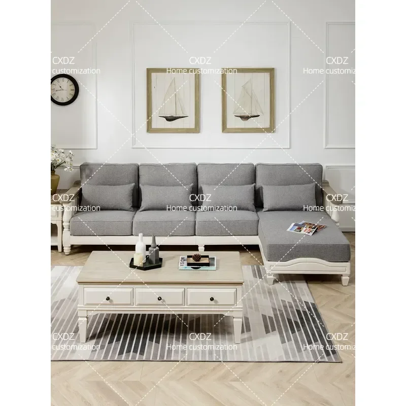 L Shaped Corner Sofa Set Solid Wood Fabric Couch Retro Style Small Living Room Furniture for Home