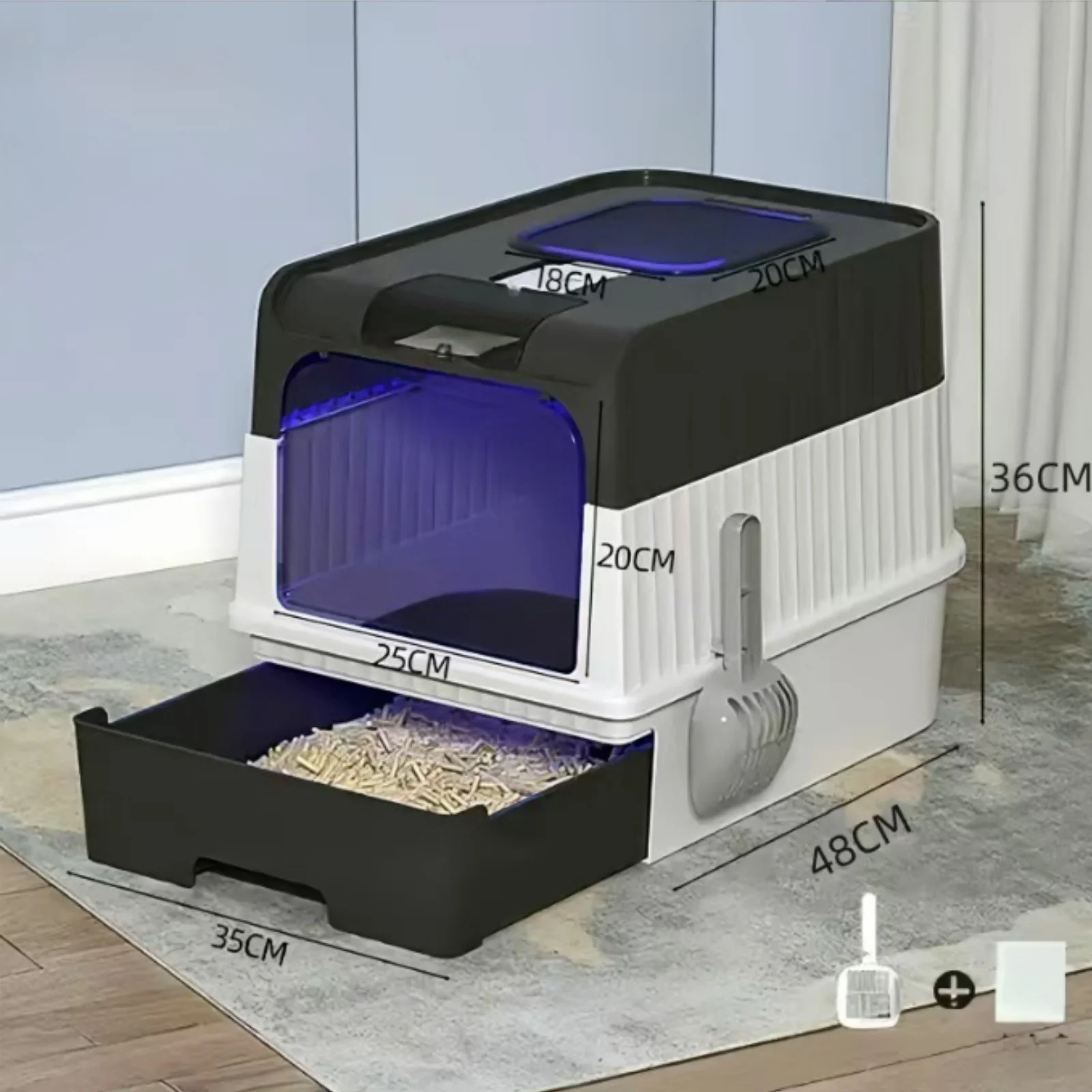 Bac à litière pour chat, bac à litière pour chat extra spacieux, bac à litière pour chat XXL, cuillère à litière pour chat + ensemble de désodorisation