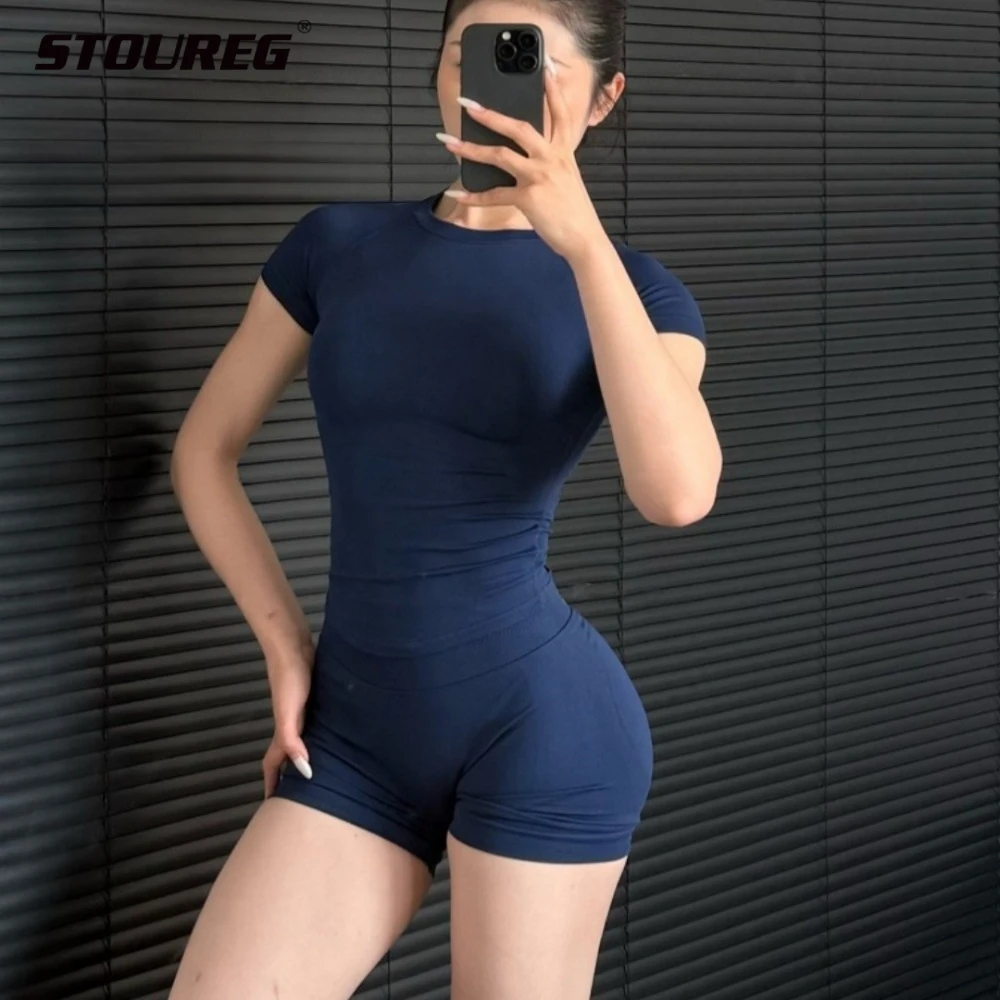 STOUREG Women's Sports Yoga Set Seamless Knitted Gym Clothes Sportswear Short S…