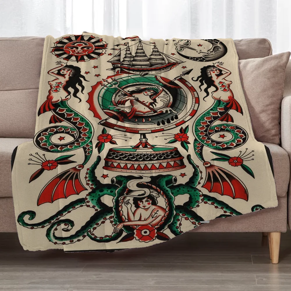 New School Tattoo Designer Throw Blanket Fluffy Throws Blankets for Sofa Luxury Bedding Cotton Blanket King Size Knitted Plaid