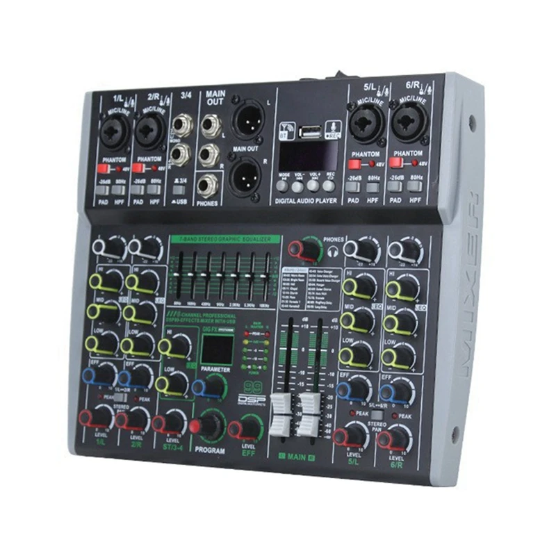 Professional Audio Mixer 6 Channel Built-In 99DSP 7-Segment Balanced Effect Bluetooth Support Recording Mixer