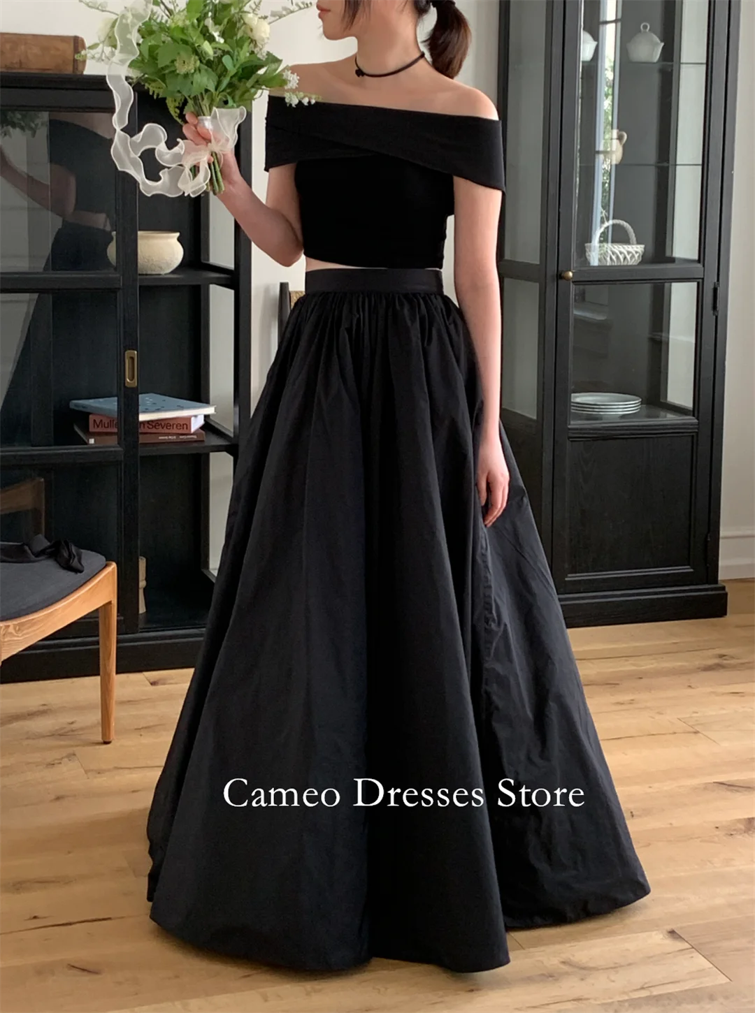 

SONDR Корейское черное вечернее платье трапециевидной формы с открытыми плечами, вечернее платье по индивидуальному заказу, простое платье для выпускного вечера 웨딩드레스 Occasion Par