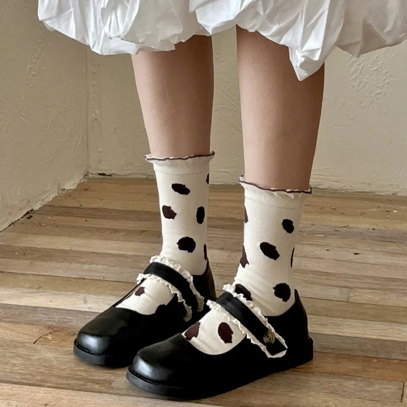 Moda coreana dulce chica JK Lolita Kawaii calcetines con volantes Retro lunares calcetines mujeres Harajuku algodón medio tubo calcetines