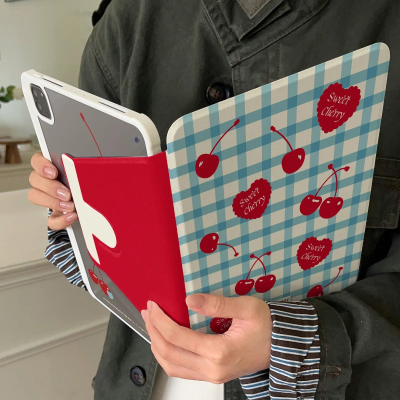 Blue Checkered Cherry Tablet Case For iPad Pro 11 12.9 13 A16 M2 M4 M3 M5 Shell 8.3 9.7 10.2 5/6/7/8/9/10/11th Air 3 4 5 6 Cover