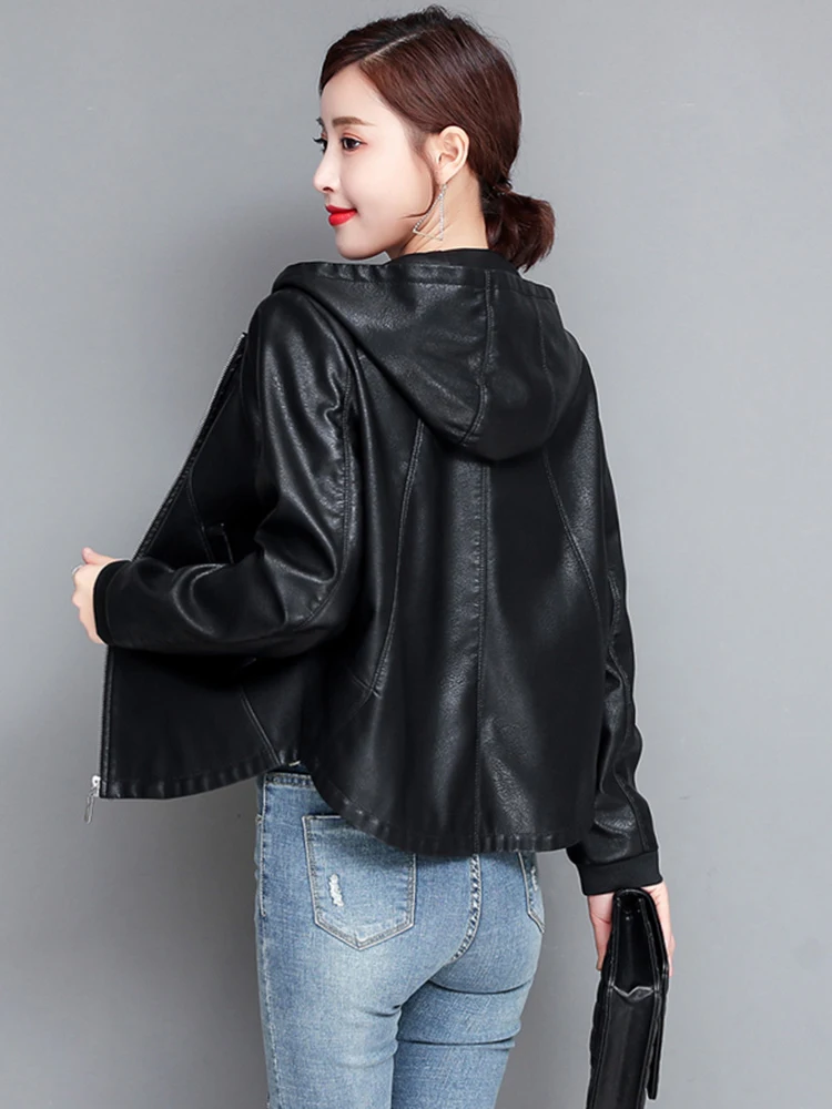 New Women Casual Leather Jacket Spring Autumn Fashion Hooded Zipper Split Leather Loose Outerwear Short Sheepskin Tops Coat