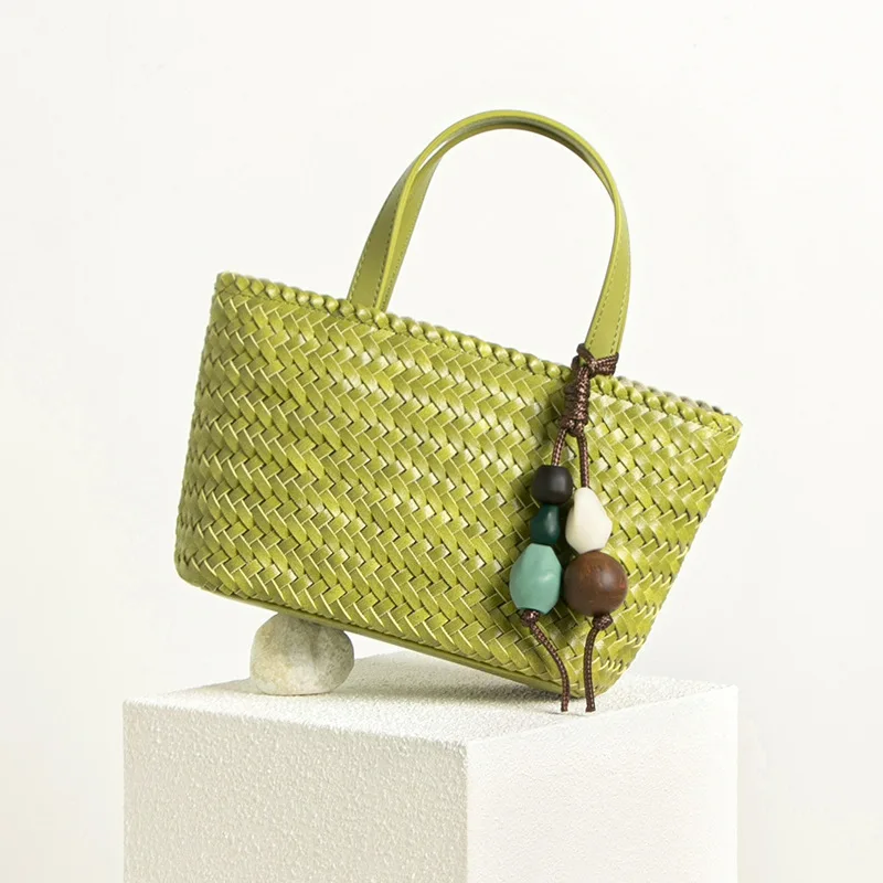 

New Vacation Style Hand-woven Bag High-end Stone Hanging Decoration Tote Bag One-shoulder Crossbody Bag