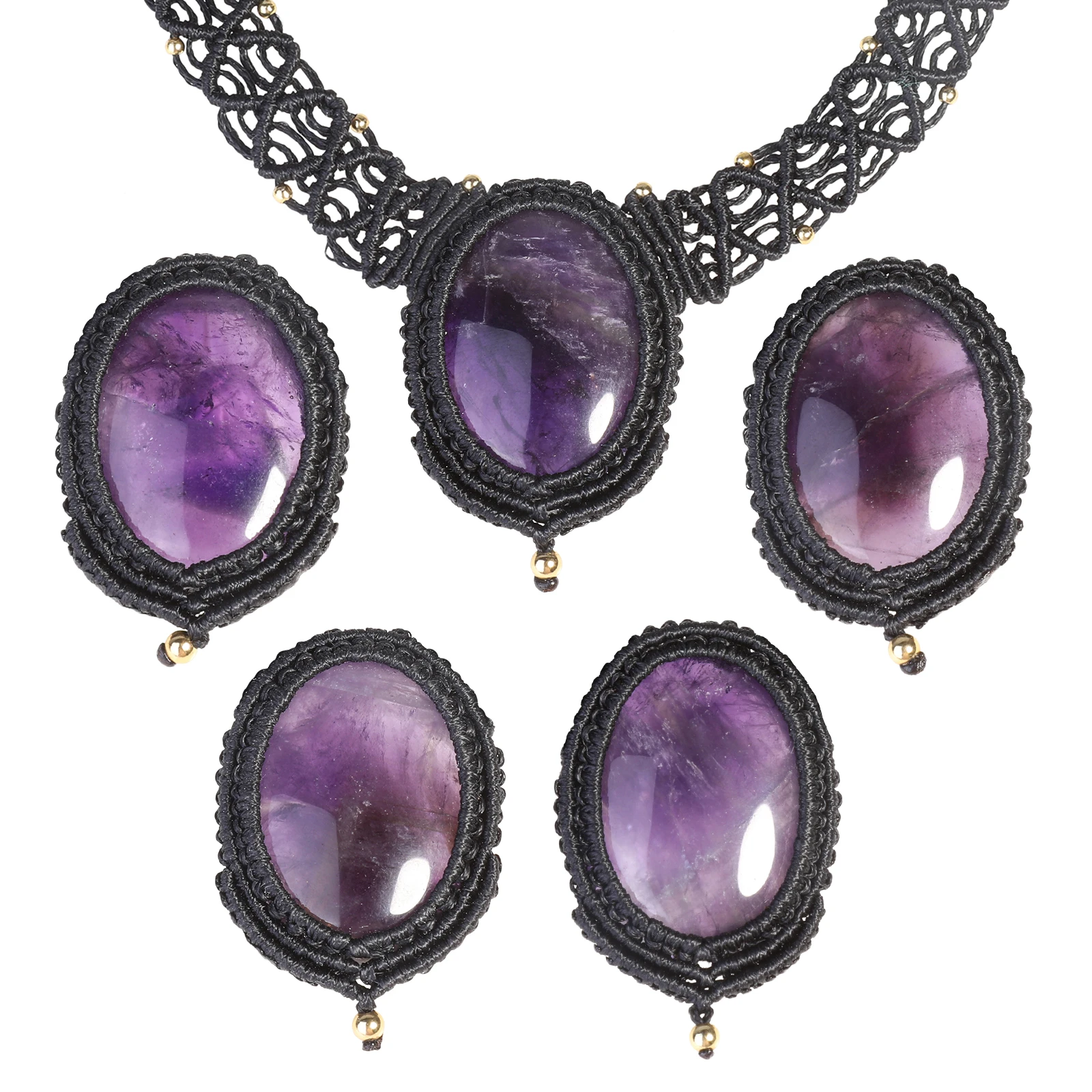 Natural Crystal Stone Collar Choker Adjustable Black Nylon Braided Oval Pendant Necklace Luxury Jewelry For Women