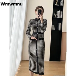 Vintage Houndstooth Knitted Dress Slim Long Sleeve Women Vestidos Spring Elegant Casual Kleid Korean Fashion Maxi Dresses New