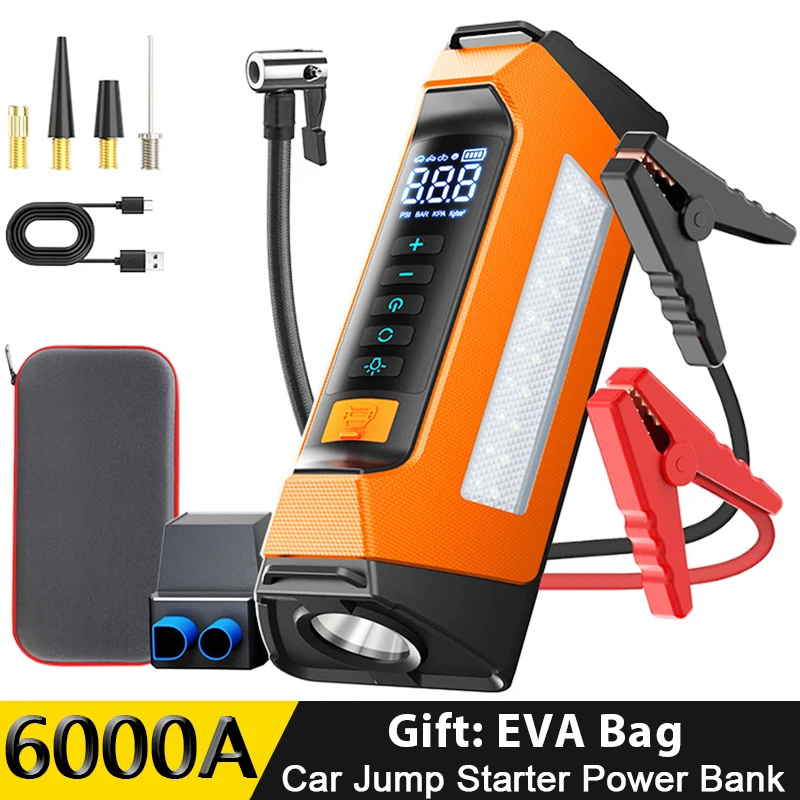 

PSOOO 12v Car Jump Starter 6000A Car Battery Pump Auto Air Compressor Power Bank 4 In 1 Petrol Diesel Booster Emergency Start