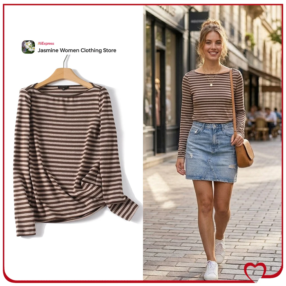 

Elegant Chic Striped Boat Neck T-Shirts for Women New in Spring Relaxtion Cotton Blended Tees Comfy Women's Long-sleeve T-shirts