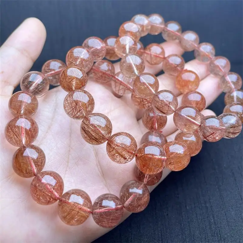 13MM Natural Red Copper Rutilated Quartz Bracelet Quartz Crystal Yoga Reiki Healing Stretch Bangles Female 1PCS