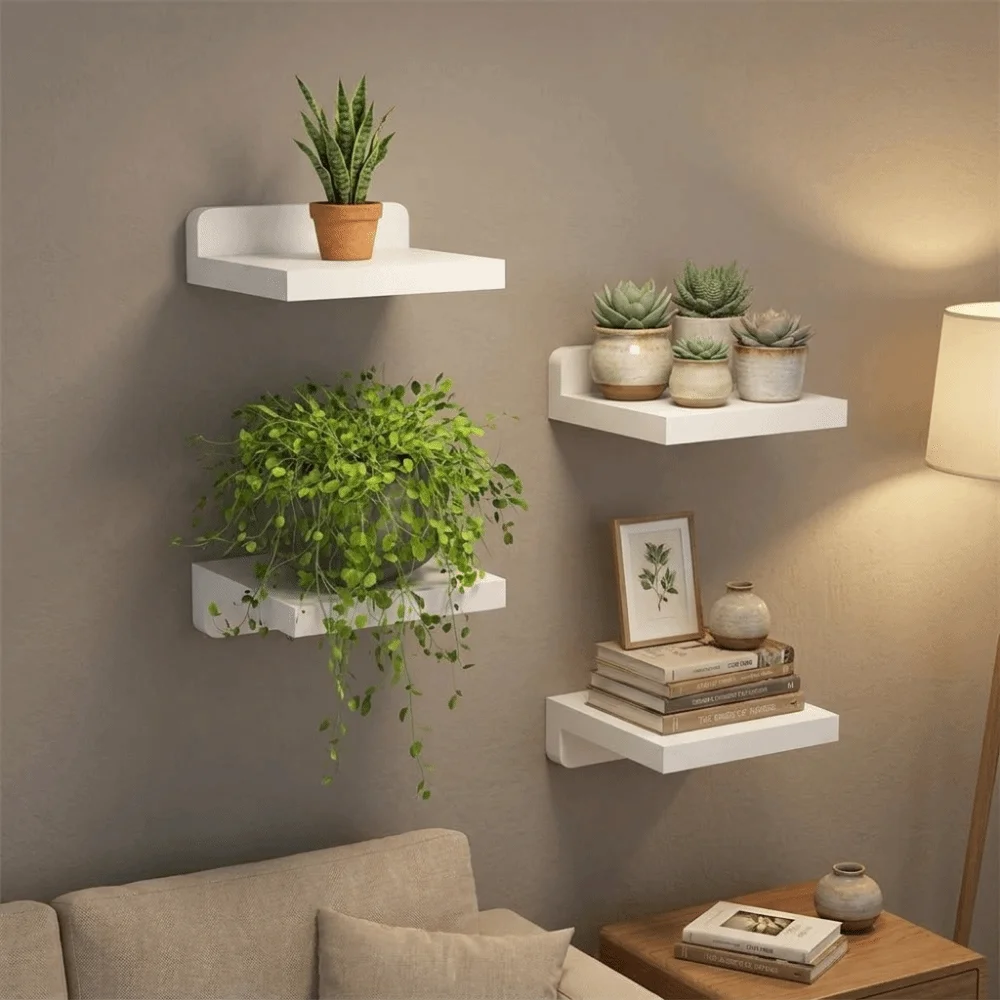 4PCS Wood Small Floating Shelves Rustic Decorative Wall Storage Rack Plant Display Rack Simple Wall Mounted Shelves Office