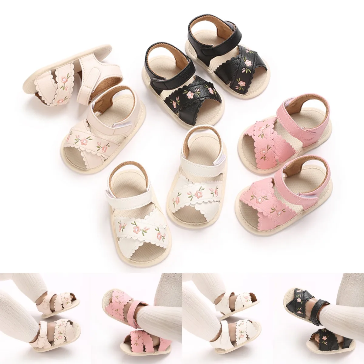 Baby Girl Summer Sandal Embroidery Flower Design for 0-1 Years Old
