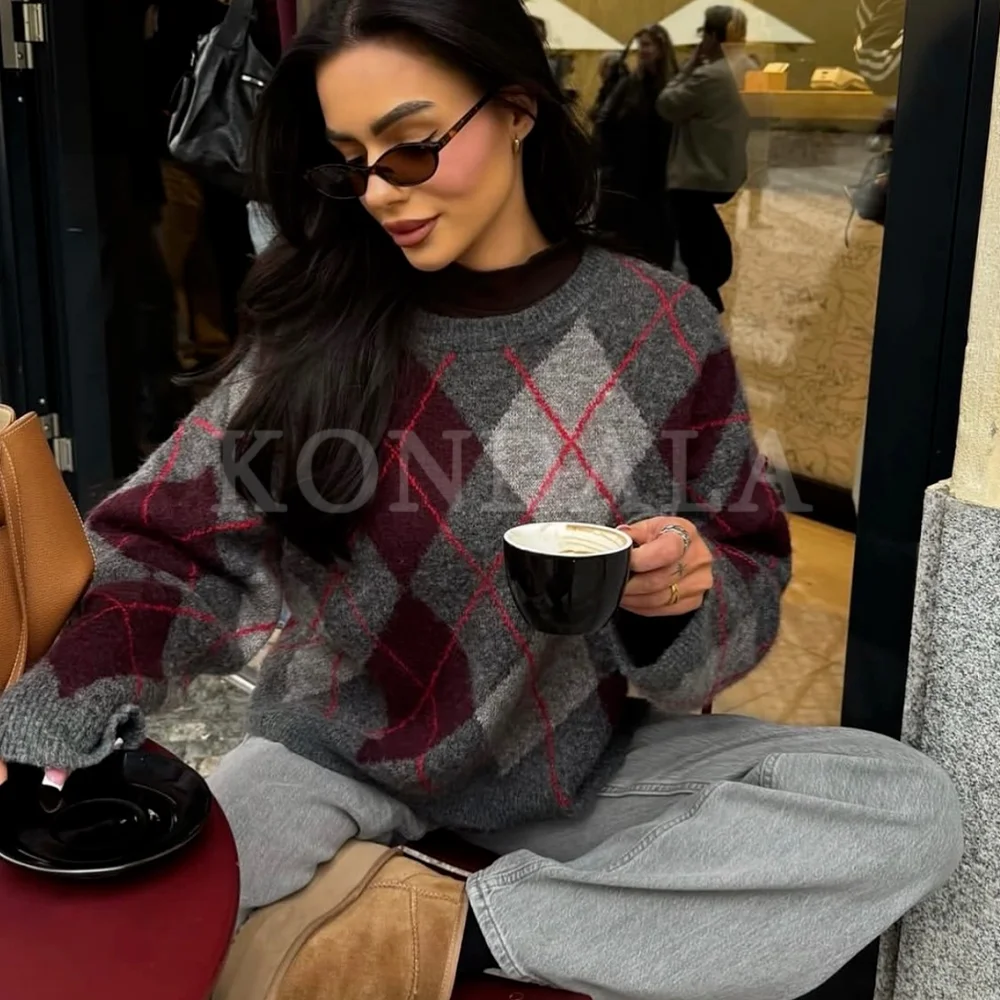 

KONDALA 2025 Fall Winter Christmas Women Plaid Sweaters Fashion Elegant Ladies Knitted Pullover Casual Chic Sweaters