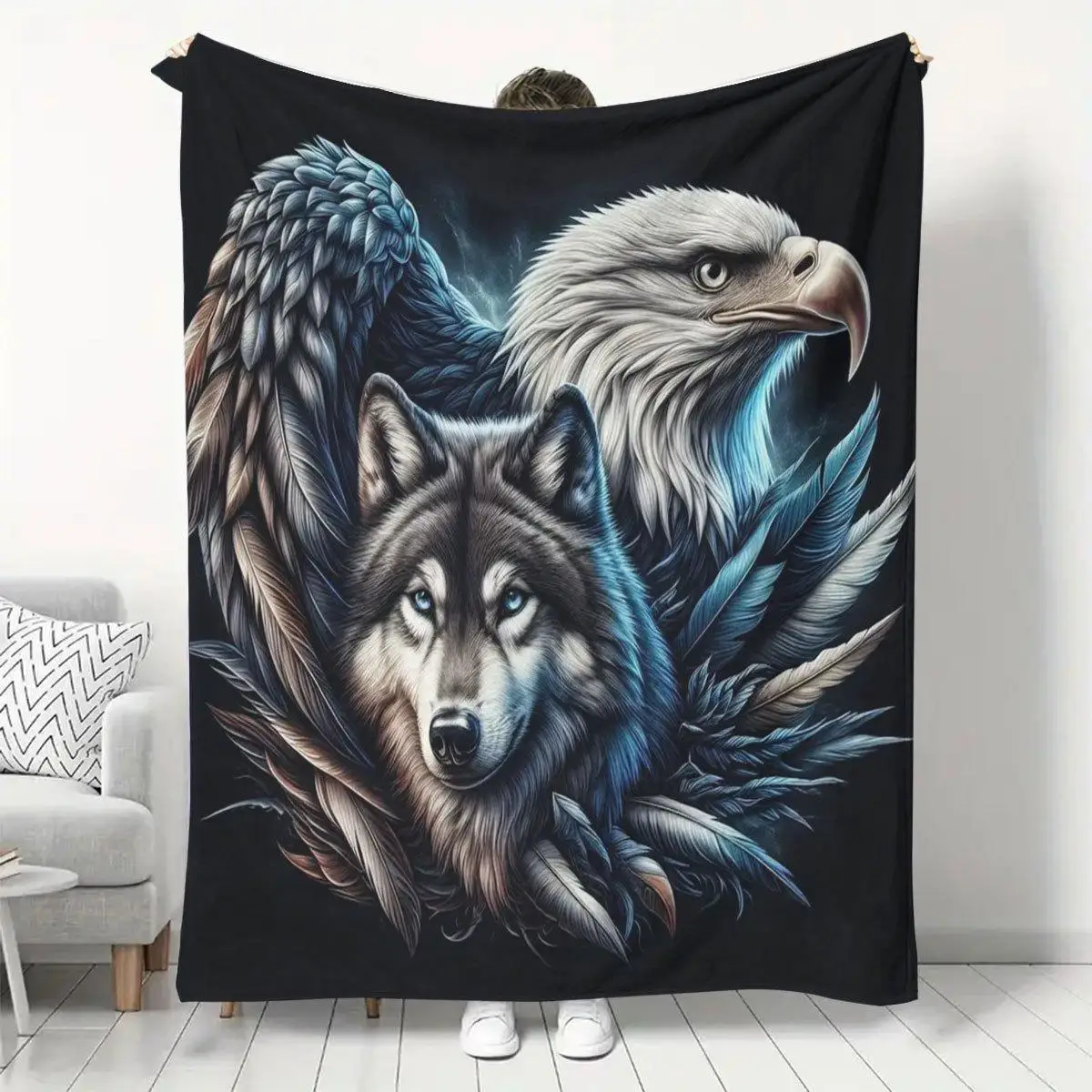 Decorative Wolf and Eagle Graphic Print Throw Blanket for Sofa Couch Cozy Home Decor Gift