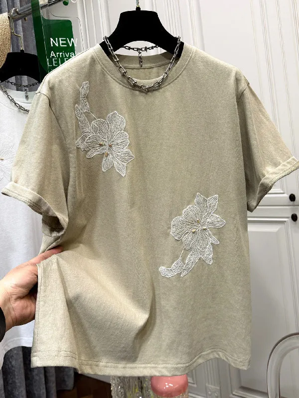 

plus Size Women's T-Shirt Heavy Embroidery Short Sleeve Loose Fit Casual Cotton Feel Summer Top for plus Size Women
