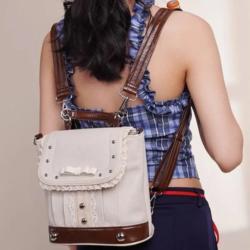 

JIAERDI милый милый кружевной рюкзак в стиле Лолиты, женский бежевый рюкзак с бантом и заклепками, сумки через плечо, женские многофункциональные элегантные нежные Mochilas Mujer