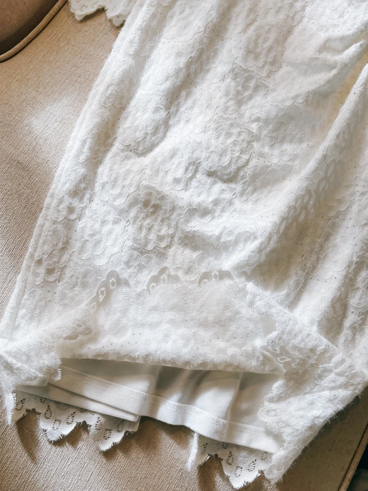 Ele Long Sve V-Ne Lace Dr with Diamond Decorations Vaion Wear Gentlewoman Sle White Floing Fabric A-Line S...