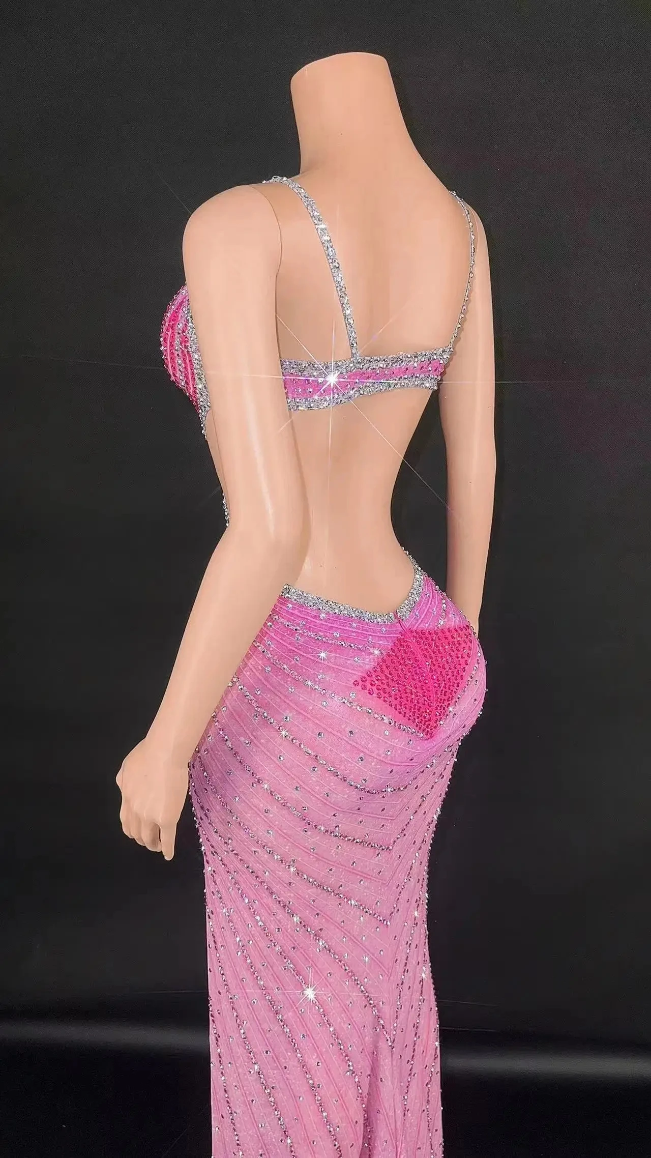 Rücken frei funkelnde sexy Frauen Strass sexy Kleid Geburtstags feier Bühne Leistung tragen Sommer Abend Königin Outfit weiß rosa