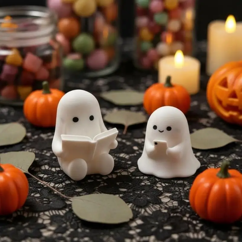 Halloween Ghost Figurine Collection Set Cute Reading Phone Stand Sculpture for Holiday Party Home Decor Gifts