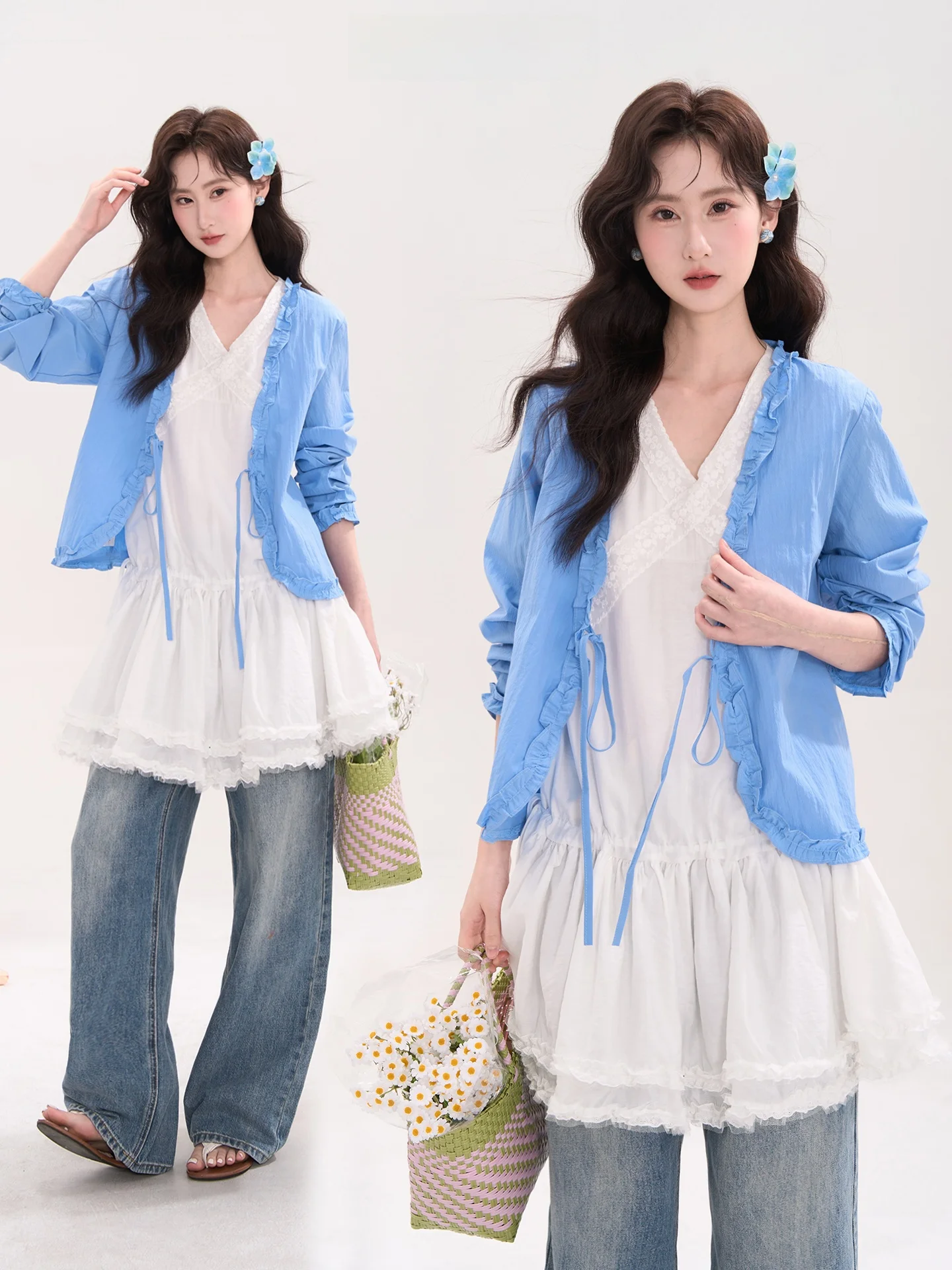

Korean Sle Long Sve Sun Protection Women's irt Hem Window Heme Blue nut Milk Jelly Ruffle Tie Cardigan Spring Summer