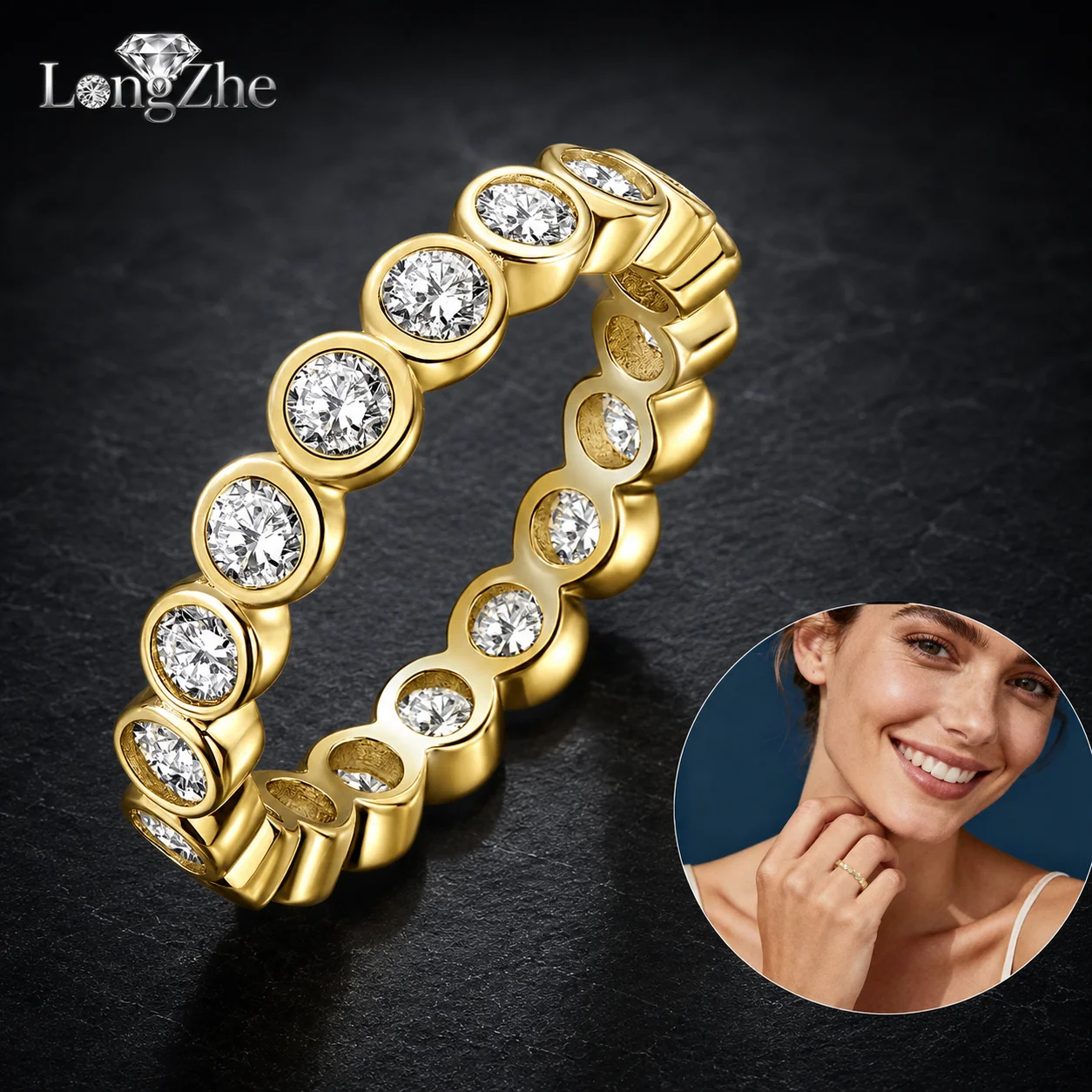 LongZhe S925 Silver Moissanite Bubble Bezel Ring 3mm 16Pcs D Color K White Gold K Gold GRA Diamond Tester Passed Gift