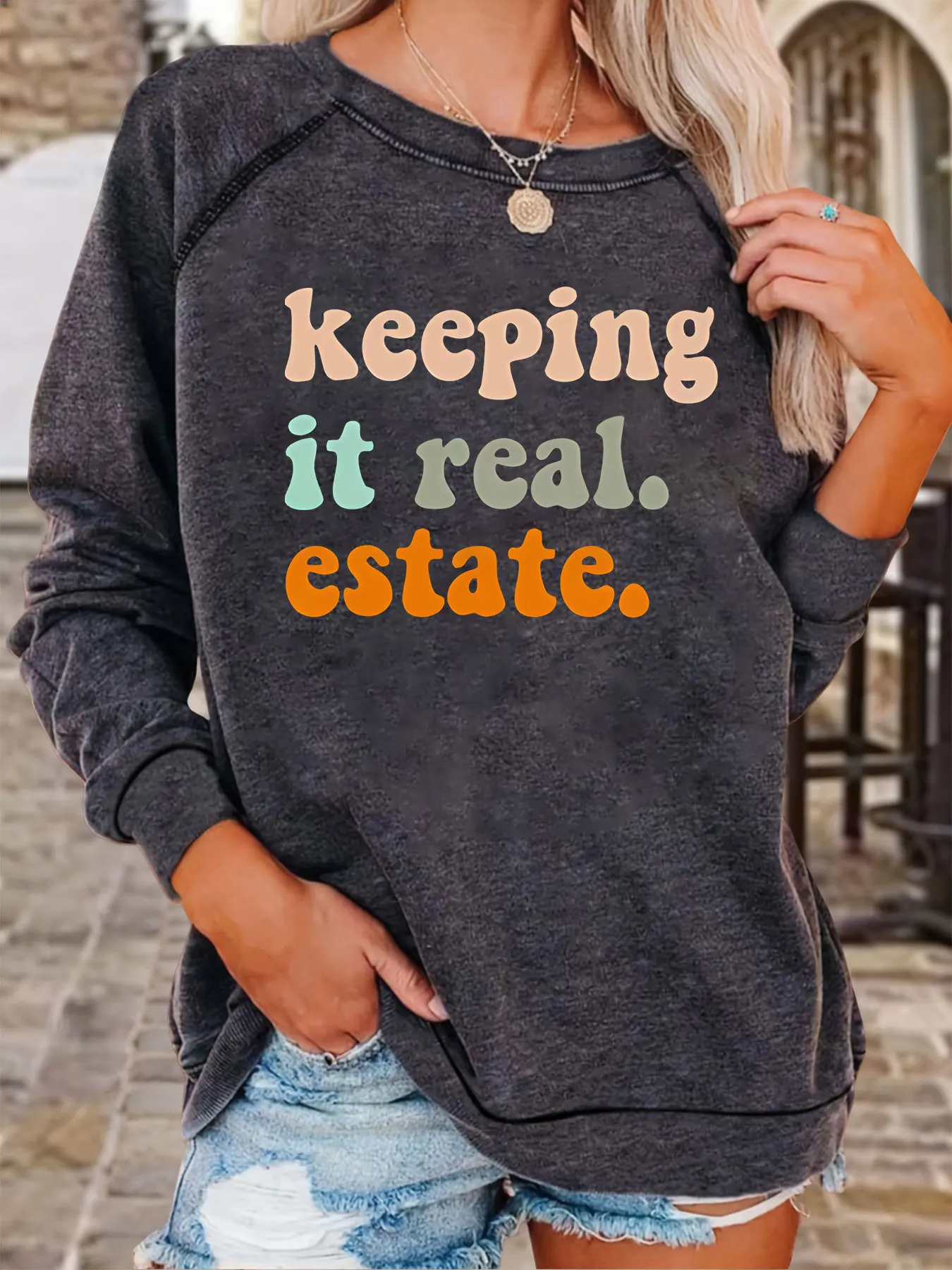 Women Autumn Winter Raglan Crew Neck Sweatshirt, Keeping It Real Estate Retro Bubble Letter Print, Casual Pullover for Ladies