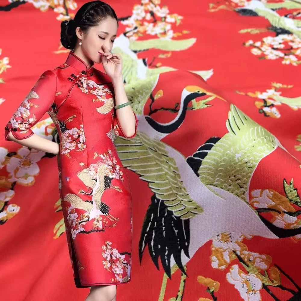 

Jacquard Brocade Fabric Spring Autumn Winter Chinese Style Crane Pattern Dress Cotton Jacket Cheongsam Fabrics by the Meter