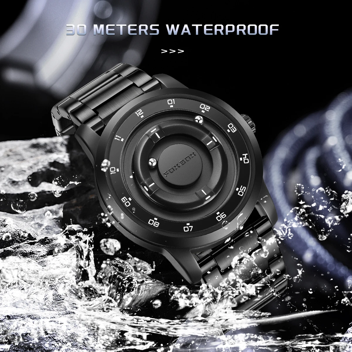 Foxbox relógios masculinos personalizados, criativo, simples, flutuante, ponteiro magnético, relógio de pulso de quartzo, aço, à prova d'água