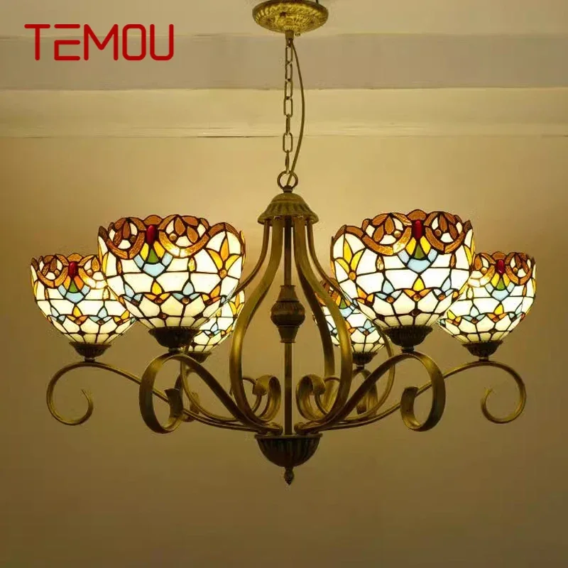 

TEMOU Tiffany European Living Room PendantLamp Vintage Creative Color Glass restaurant Bedroom Hotel Chandelier