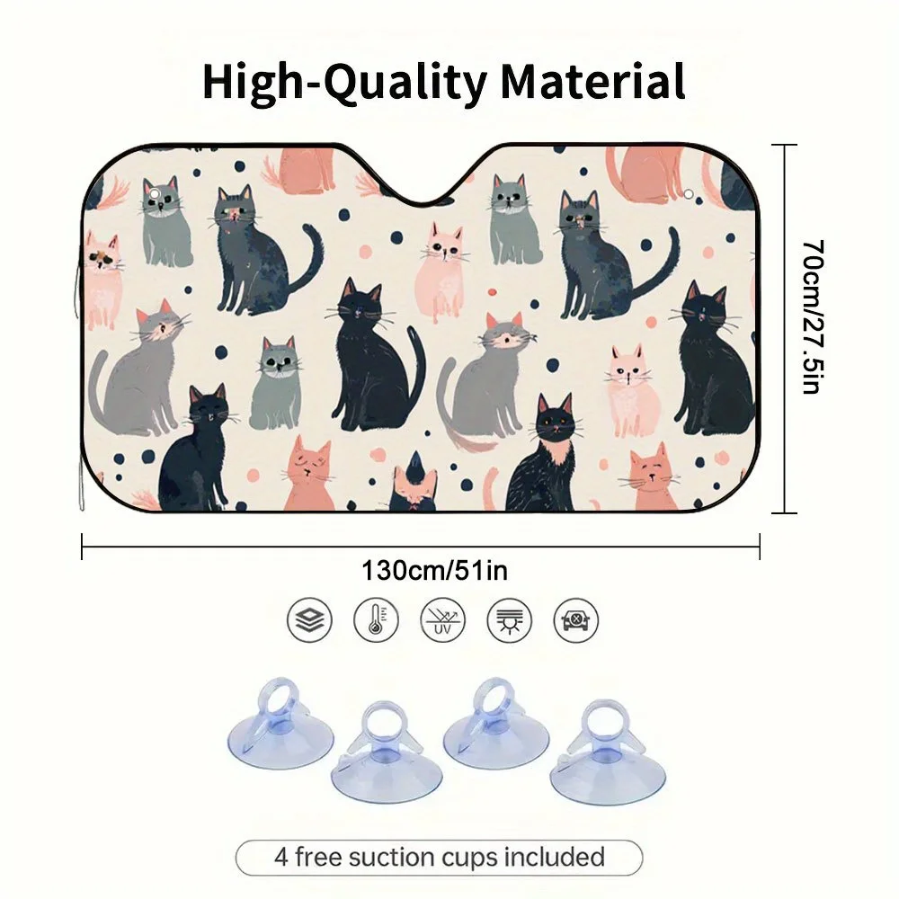 1pc Cat Camo Car Sunshade With Cute Black/White/Brown Tabby Cats & Polka Dots - -Friendly Design, Easy Setup, Fits Most Cars, Fi