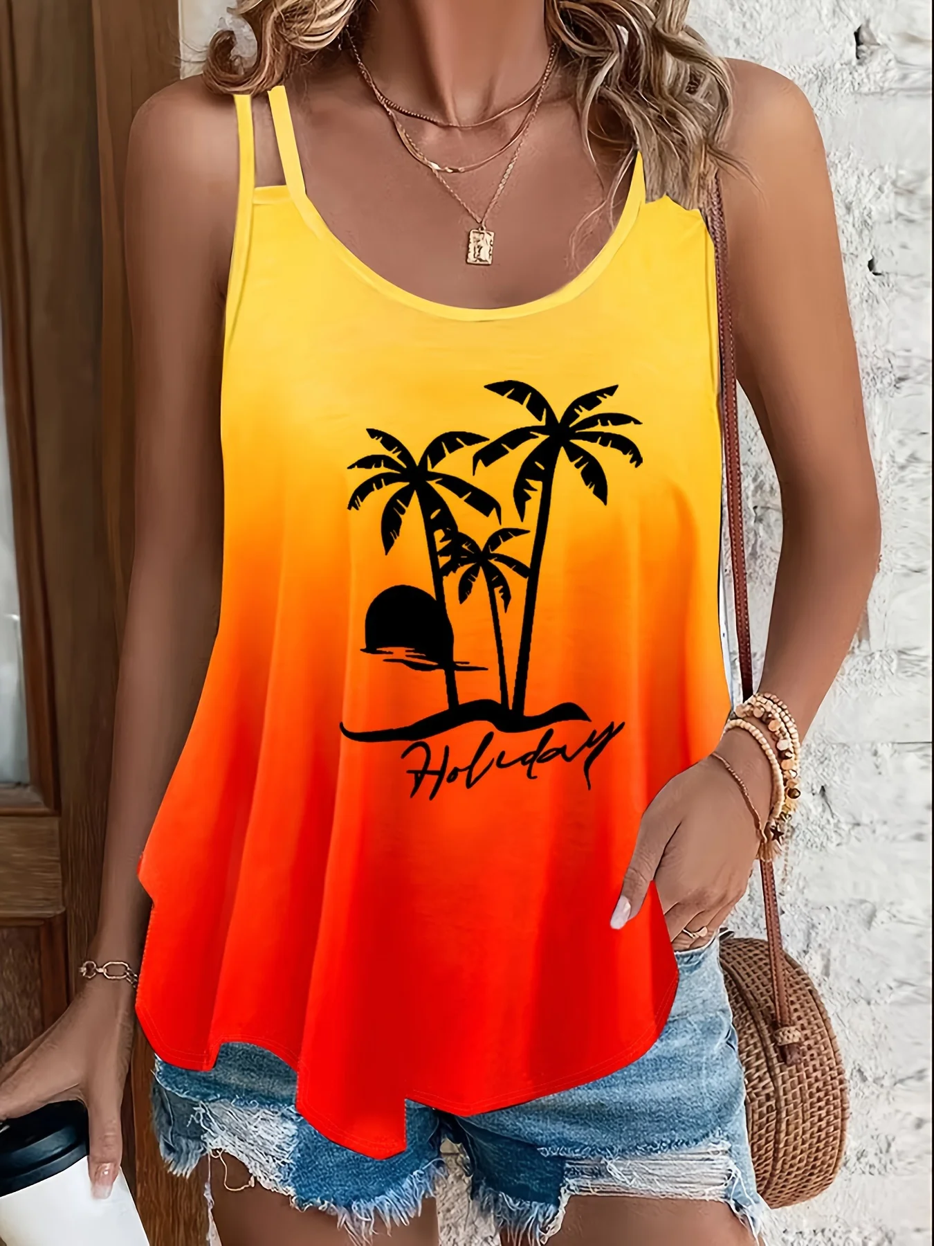 Plus Size Women's Summer Tank Top Gradient Sunset Palm Tree Print Sleeveless Casual Loose Fit Holiday Beachwear