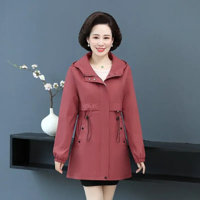 

Hooded Chic Casual Windbreakers Coat Women's Overcoat Spring Autumn New Fashion Slim Medium Long Lace-Up Trench Coat Outwear